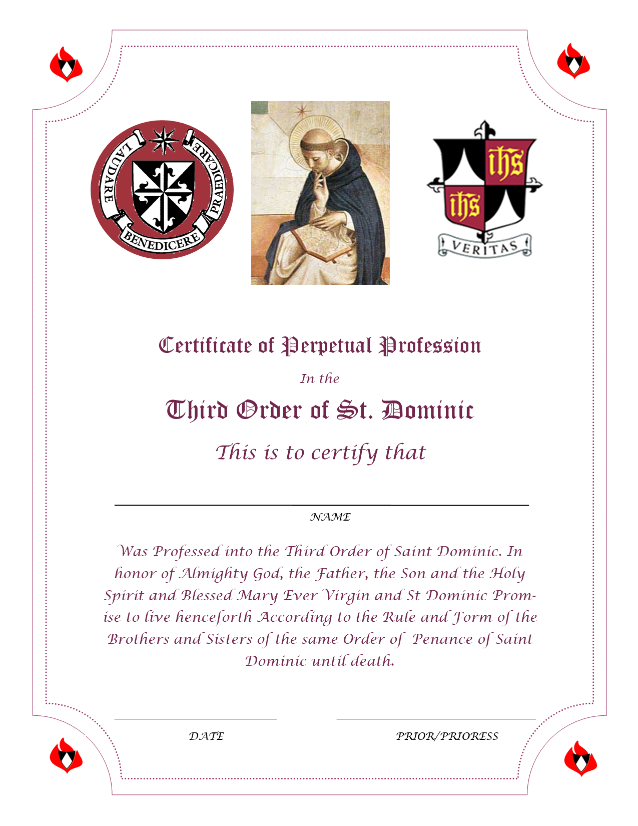 Certificate of perpetual profession